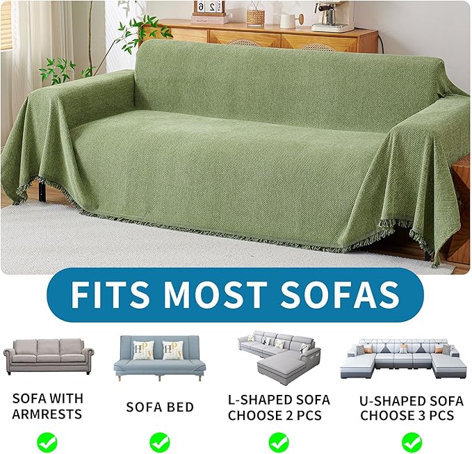 HAOMAIJIA Non Slip Couch Cover Sofa Covers for 3 Cushion Couch Washable sectional Couch Covers for Dogs pet Furniture Protector Couch Cover Blanket for Living Room (sage Green, 91"x134")
