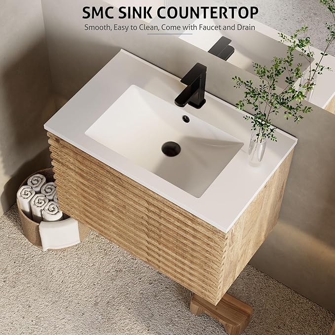 eclife 30" Floating Bathroom Vanity with Sink Combo Mid-Century Wall Mounted Cabinet with Wood Stripes Decor, Drawers, Undermount Sink, Faucet, Drain, Light Walnut
