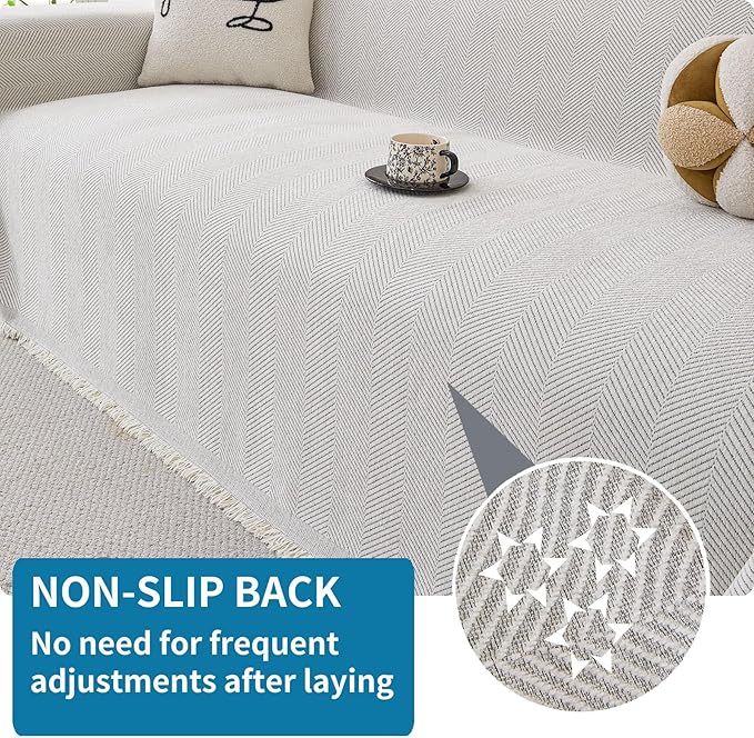 HAOMAIJIA Non Slip Couch Cover Sofa Covers for 3 Cushion Couch Washable sectional Couch Covers for Dogs pet Furniture Protector Couch Cover Blanket for Living Room (Off White, 91"x118")