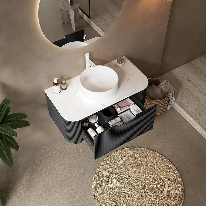 KEIKI 36" Bathroom Vanity Cabinet with Sink Combo, Wall Mounted Curved Edges Striped Floating Bathroom Vanity with Soft-Close Drawer, White Round Ceramic Basin Without Faucet, Black
