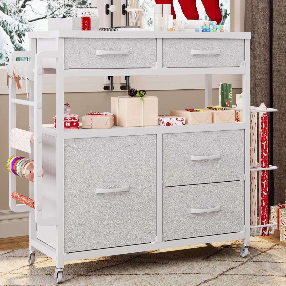 LIVEHOM Wrapping Paper Storage, Rolling Gift Wrap Station - Image 1