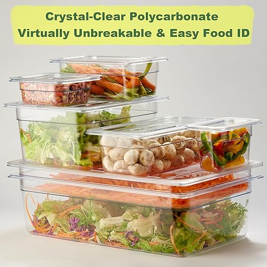 CURTA 6-Pack 1/3 Size 6" Deep NSF Polycarbonate Food Pans with Handled Lids & Drain Trays | Dishwasher & Freezer Safe Clear Container for Prep Tables, Buffet, Salad Bar, Commercial & Home Kitchen