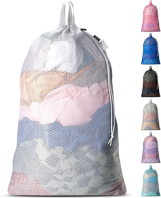 Large Mesh Laundry Bags - Heavy Duty with Handles & Drawstring - Machine Washable Net Laundry Sacks for College Dorm, Camp, Travel, Bedding & Clothes Storage (White)