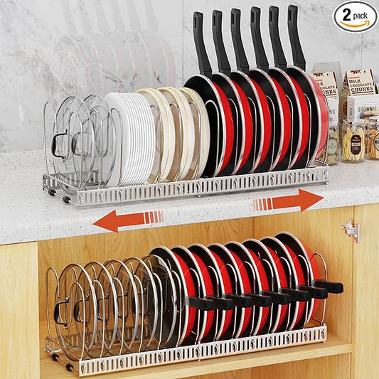 Housolution 2 Pack Pot and Pan Organizer Rack, 12"-23" Expandable Pot Lid Organizer with 14 Adjustable Dividers, Pan Holder Storage Rack for Kitchen Cabinet, Silver