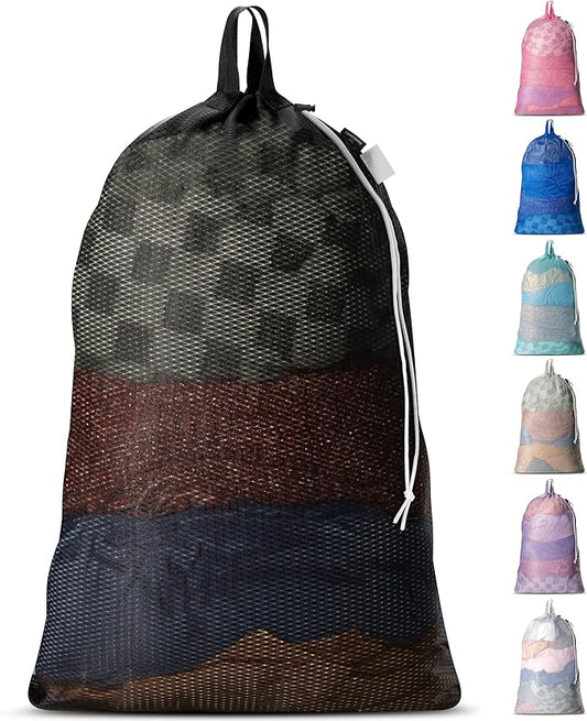 Large Mesh Laundry Bags - Heavy Duty with Handles & Drawstring - Machine Washable Net Laundry Sacks for College Dorm, Camp, Travel, Bedding & Clothes Storage (Black)