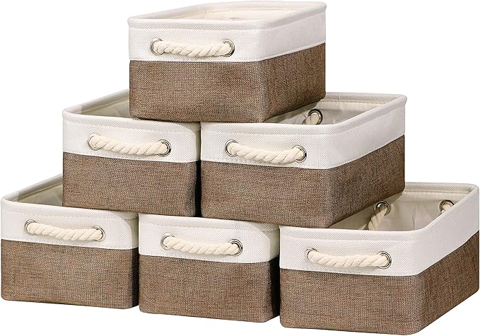 Bidtakay Collapsible Fabric Storage Baskets with Handles for Organizing [6 Pack] Canvas Small Storage Bins Shelf Baskets for Clothes Closet Rectangle Baskets 11.8 X 7.8 X 5 Inches(White&Earthy Brown)