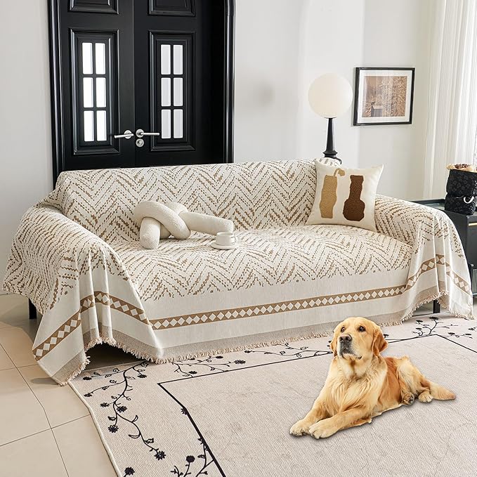 HAOMAIJIA Non Slip Couch Cover Sofa Covers for 3 Cushion Couch Washable sectional Couch Covers for Dogs pet Furniture Protector Couch Cover Blanket for Living Room (MR-Khaki, 91"x134")