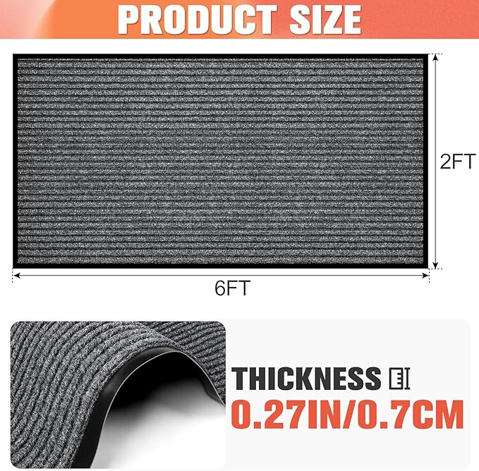 MYFAMIREA Commercial Floor Mat 2' x 6' Extra Large Front Door Industrial Rug Heavy Duty Brush Step Entrance Mat Weather Utility Rug with Non Slip Rubber Backing Low Profile for Entryway, Charcoal Grey