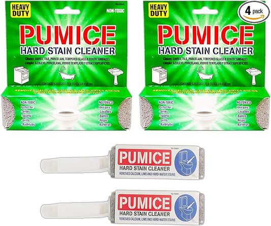 Pumice Toilet Bowl Ring Remover 4 Pack - 2 Pumice Stones with Handle and 2 Heavy Duty Pumice Scrubber Sticks, Removes Stains in Toilets Sinks, Tubs, Showers, Pools, Safe for Porcelain (Pro 4 Pack)