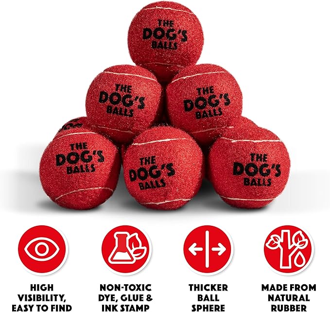 The Dog's Balls Dog Tennis Balls for Dogs, Red, 12-Pack - Non-Abrasive Felt Fetch Balls, Tough Rubber Core, Float in Water, Fits Standard Launchers