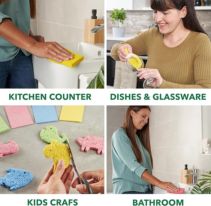 Compressed Non-Scratch Kitchen Sponges - Highly Absorbent for Dishes, Countertop, Sink, Car - Biodegradable, Quick Drying Cellulose Sponges - Assorted Colors (Pack of 24)