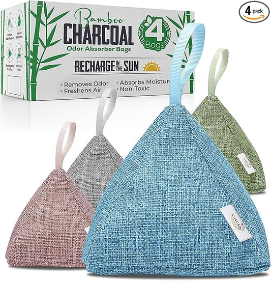 4 Pack Bamboo Charcoal Air Purifier Bags 200 Grams Each - Activated Charcoal Odor Absorber for Car, Pets & Closet - Natural Freshener for Home, Eco-Friendly & Reusable Charcoal Bags (Designer Colors)