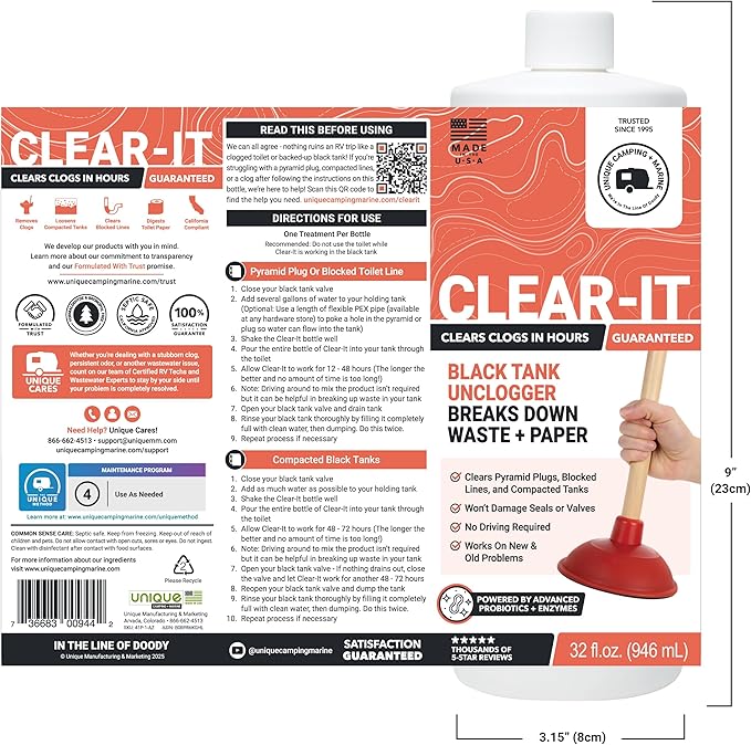 Unique Clear-It RV Black Tank Unclogger Liquid - Breaks Through Pyramid Plugs, Compacted Tanks, and Clogged Pipes 32 oz (2-Pack)