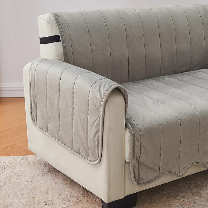 Great Bay Home Velvet Sofa Cover - Washable Slipcover Furniture Protector with Elastic Straps - Furniture Cover for Dogs, Kids, and Pets - Stitched Detail (Wild Dove Grey)