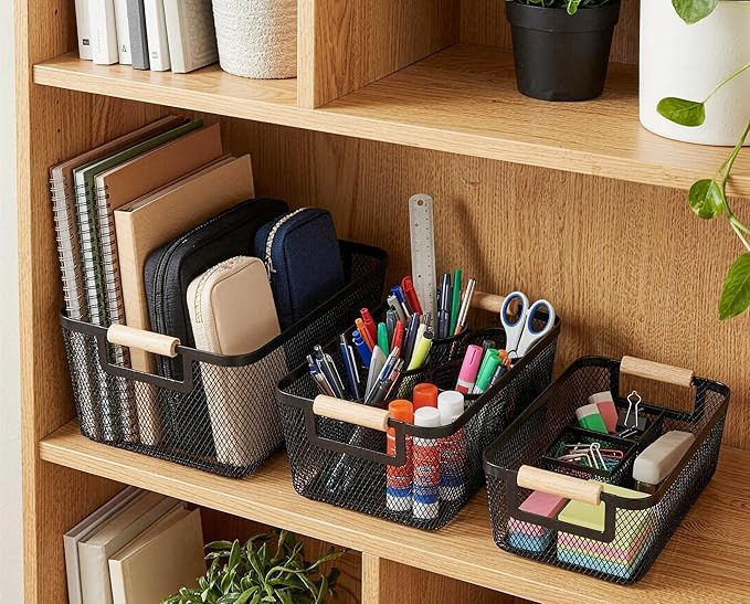 2-Pack Metal Mesh Basket, Medium Wire Storage Organizer with Wood Handle for Kitchen Pantry, Bathroom, Cabinet, Closet, Picnic & Home Organization, Medium, Black