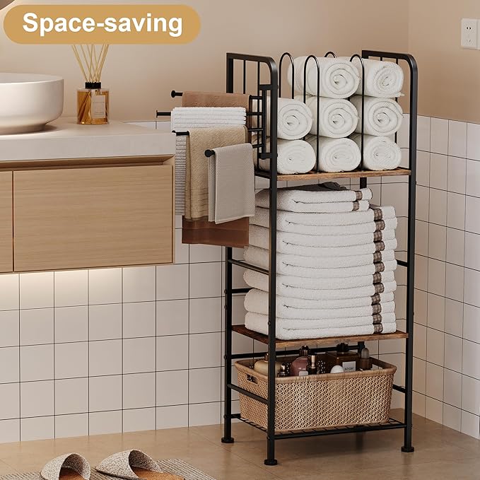 Towel Rack Free Standing 3-Tier M-Shaped Detachable Dividers, 4 Rotatable Bars Fast Drying, Pool Towel Rack, Space-Saving Towel Storage Organizer, Bath Towel Shelf for Home, Poolside Patent Pending