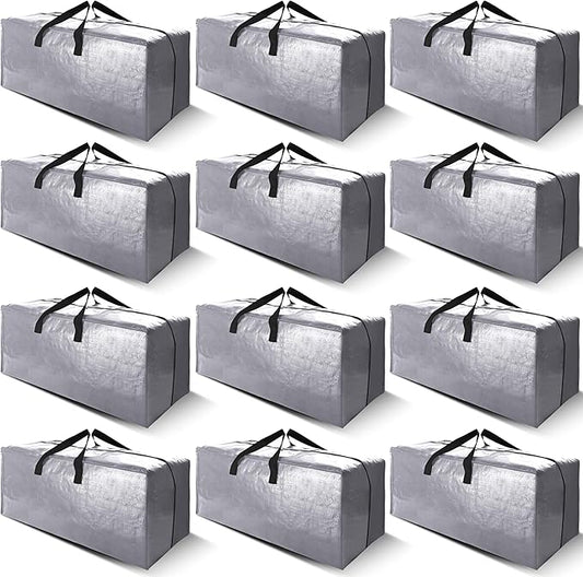 Cosy Family 12 Pack Heavy Duty Moving Bags with Backpack Straps - Strong Handles & Zippers, Storage Totes For Space Saving, Fold Flat, Alternative to Moving Box (X-Large-Set of 12, Silver)