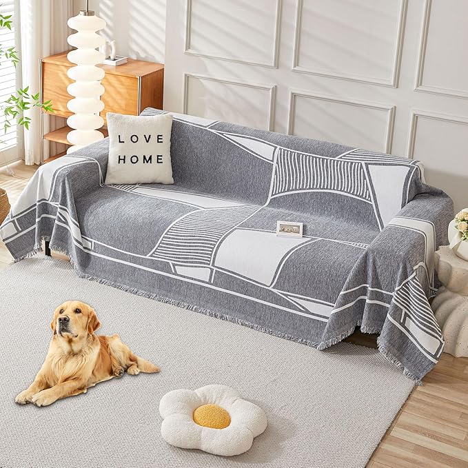 HAOMAIJIA Non Slip Couch Cover Sofa Covers for 2 Cushion Couch Washable sectional Couch Covers for Dogs pet Furniture Protector Couch Cover Blanket for Living Room (Grey-Cream, 71"x102")