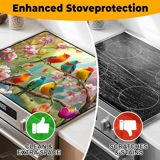 Happy Easter Stove Top Cover Flower Eggs Cute Rabbit Gas Stove Top Cover for Home Decoration Kitchen St. Patrick Day Pad Non-Stick Washable Cooktop Covers Countertop Protector (bird, 28" x 20")