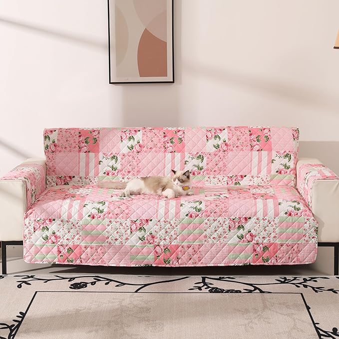 Skidproof Sofa Cover-Floral Sofa Slipcover with Elastic Straps-Easy Fit Slip Cover-Washable Furniture Protector for Pets and Kids(Sofa,Pink)
