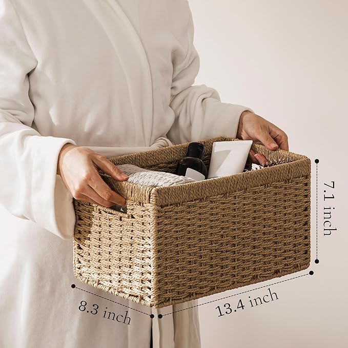 joybest Shelf Storage Wicker Baskets, 4-Pack Woven Paper Rope Baskets for Organizing, Foldable Rectangular Bin with Handles for Pantry, 13.4L x 8.3W x 7.1H Inch, Natural