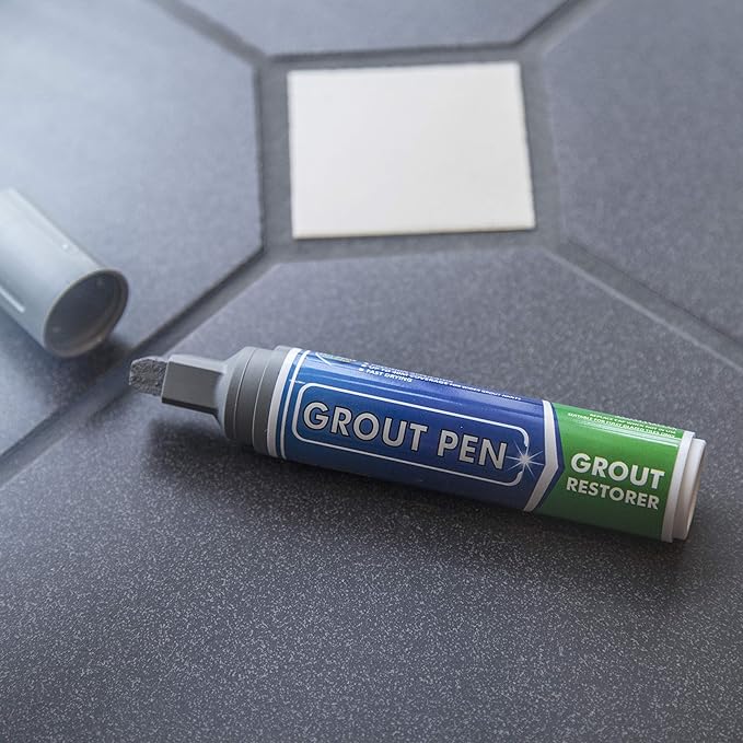 Grout Pen Tile Paint Marker: Grey Wide 15mm with 5 Pack Replacement Tips - Waterproof Grout Colorant and Sealer Pen to Renew, Repair, and Refresh Tile Grout - Cleaner Coating Stain Pens
