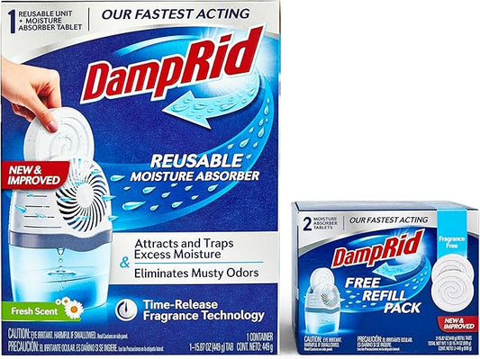 DampRid Drop Starter Kit with 1 Fresh Scent Moisture Absorbing Tab Odor Eliminator for Fresher, Cleaner Air, 15 Ounces. + 1 Free Fragrance Free Refill Pack(2 Tabs). Ilios Packaging.