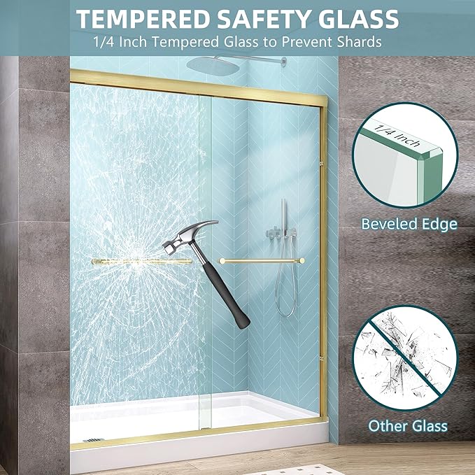 GETPRO Shower Door Double Sliding 56-60 in. W x 72 in. H Semi-Frameless Bypasss Bathroom Glass Shower Sliding Doors,1/4 inch Clear Tempered Glass Door for Walk-in Shower Brushed Gold