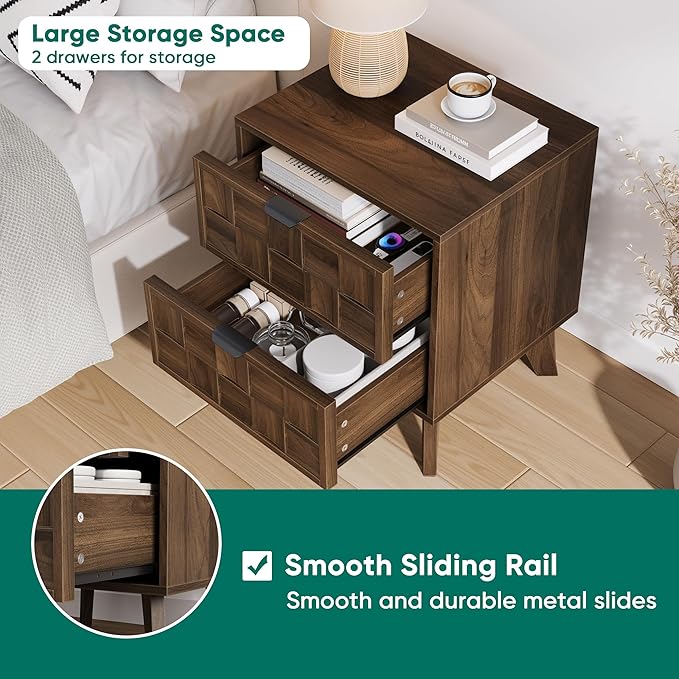Smuxee Walnut Wooden Nightstand with 2 Drawers, Mid Century Night Stand with Embossed Checkerboard Doors, Bedside Table with Solid Feet, Modern End Side Table for Bedroom