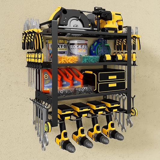 Power Tool Organizer Wall Mount, 4-Tier Tool Storage Rack with 8 Drill Holders, 200LBS Load Heavy Duty Cordless Tool Shelf for Garage Organization, Gift for Men
