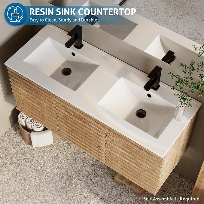eclife 48" Floating Bathroom Vanity with Sink Combo Mid-Century Wall Mounted Cabinet with Wood Stripes Decor, Drawers, Undermount Sink, Faucet, Drain, Light Walnut