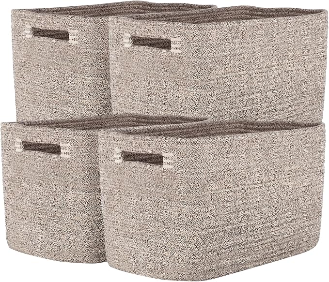Storage Baskets for Organizing, 14 x 10 x 9” Closet Shelf Woven Baskets, Square Bins with Handles, Cotton Rope Basket for Toys, Clothes, Office, Room, Brown 4 Pack
