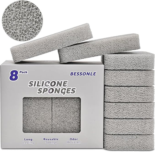 8 Pack Silicone Scrubbing Sponges, Heavy-Duty, Non-Scratch Kitchen Sponges - Reusable, Odor-Free, Perfect as Cleaning for Dishes, Non-Stick, Countertops (Grey)