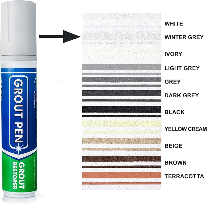 Grout Pen Tile Paint Marker: Waterproof Grout Colorant and Sealer Pen to Renew, Repair, and Refresh Tile Grout - Cleaner Coating Stain Pens - 2 Pack, 15mm Wide Winter Grey and 5mm Narrow White Tip