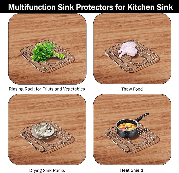 4Pack Stainless Steel Sink Protectors for Kitchen Sink, 13.1"x11.6"x1" Sink Grid Universal with Rear Drain, Rust-Resistant Metal Sink Rack for Bottom of Sink with Sink Strainers (Rear Drain/Set 2)