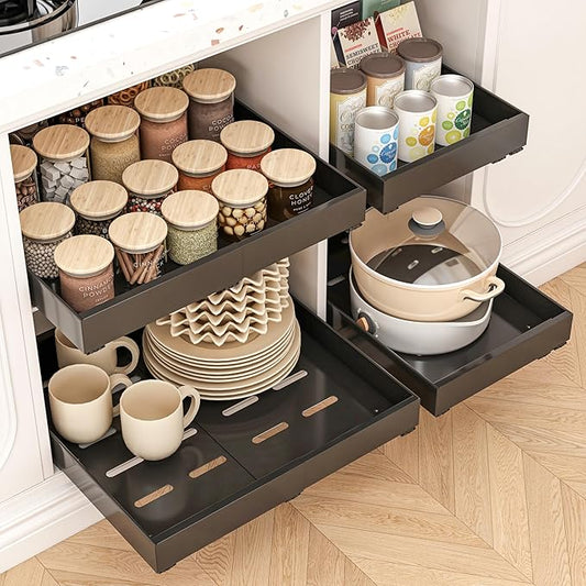 4 Pack Heavy Duty Pull Out Cabinet Drawers - 21" Deep Expandable (12.6"-20.5") Kitchen Organizer (Black)