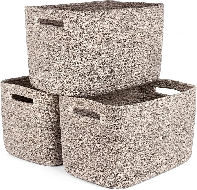 Storage Baskets for Organizing, 14 x 10 x 9” Closet Shelf Woven Baskets, Square Bins with Handles, Cotton Rope Basket for Toys, Clothes, Office, Room, Brown 3 Pack