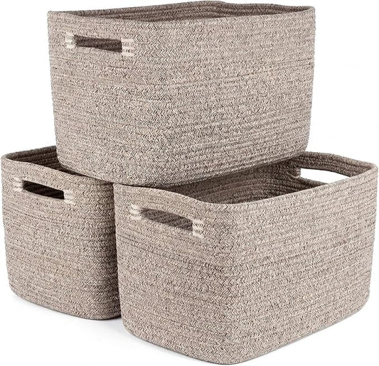 Storage Baskets for Organizing, 14 x 10 x 9” Closet Shelf Woven Baskets, Square Bins with Handles, Cotton Rope Basket for Toys, Clothes, Office, Room, Brown 3 Pack