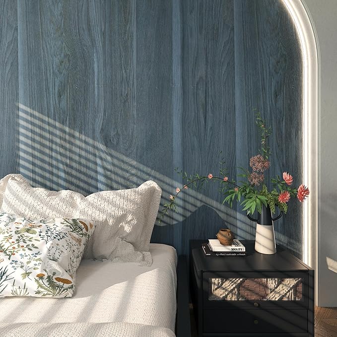 BOMENG Blue Wood Grain Wallpaper Peel and Stick Peacock Contact Paper 48x354inch Extra Wide Wall Paper with Air Guide Slot Design Waterproof for Cabinets Desk Walls Dresser Cover Top Kitchen Cabinet