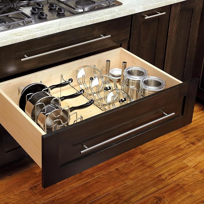 Rev-A-Shelf Drop-In Pot and Pan Drawer Organizer Storage Rack for 4DPS & 4DPG Model Peg Boards, Adjustable Divider for Cookware, Chrome, 5DCD-1-CR