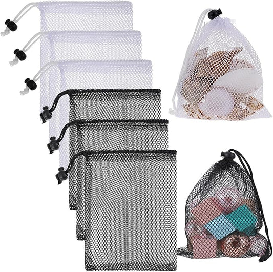 6 Pcs Mesh Bags with Drawstring, 7.87 x 5.9 Inch Small Mesh Bags Storage Bag with Cord Lock Black Mini Meshes Bag for Fruits, Candy, Cosmetics, Golf Stuff Balls