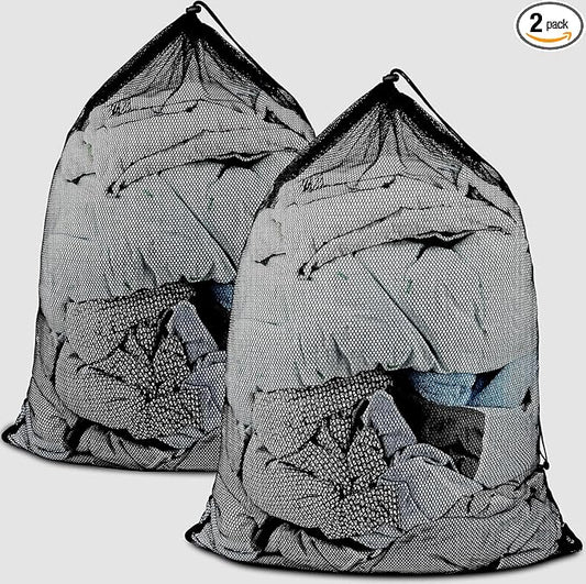 2 Pack Large Mesh Laundry Bags, 24" x 36" Heavy Duty Strong Drawstring Dirty Clothes Bags with Soft Breathable Net, Machine Washable Laundry Bag for College, Dorm, Camp, Travel and Family Use(Black)