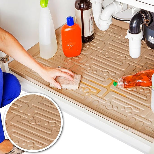 XTREME MATS Waterproof Undersink Mat (Beige 25" 1/4 x 22 1/4) Cabinet Base Liner for Kitchen & Laundry Cabinets Catches Leaks Prevents Damage Flexible Sink Driptray