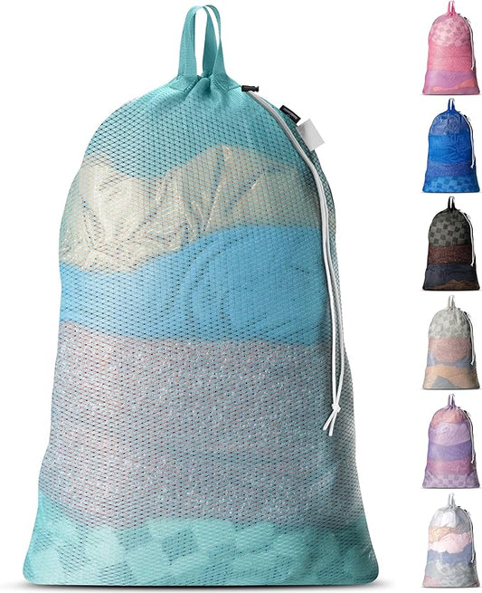 Large Mesh Laundry Bags - Heavy Duty with Handles & Drawstring - Machine Washable Net Laundry Sacks for College Dorm, Camp, Travel, Bedding & Clothes Storage (Teal)