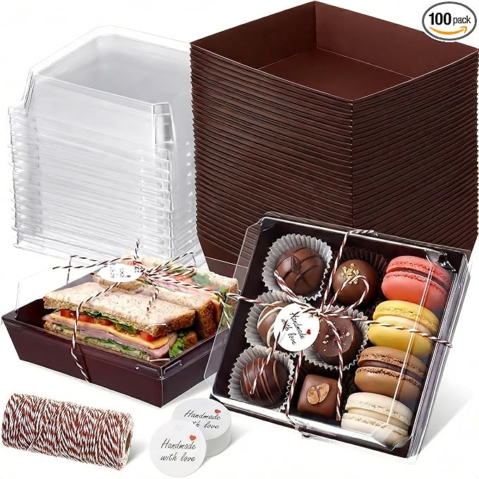 Outus 100 Pack Charcuterie Boxes with Clear Lids, 5.7 x 5.1 '', Mother 's Day Back to School Paper Food Containers Cake Take out Bakery Boxes with Gift Tags Rope for Desserts(Coffee Brown,Classic)