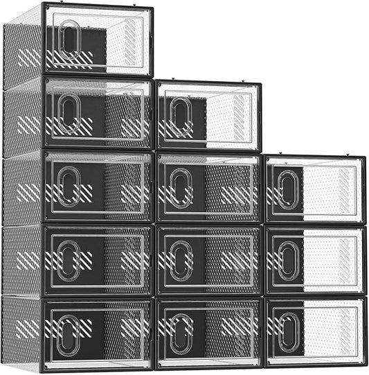 Shoe Storage, 12 Pack Shoe Organizer for Closet, Shoe Boxes Clear Plastic Stackable Shoe Containers with Lids for Size 10, Black