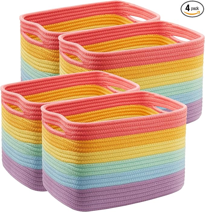 Rainbow Rope Basket for Storage 4 Pack Baskets for Shelves Woven Toy Storage Bins for Nursery Kids in Classroom 12.7"Lx9"Wx7.9"H