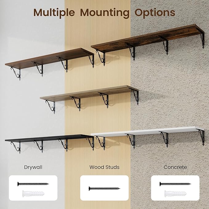 RICHFOCUS 12 Inch Deep Floating Shelves for Wall, 55" W x 12" D Black Wood Wall Shelves Set of 2, Wide Floating Shelves for Living Room, Bedroom, Kitchen, Bathroom and Decor Storage, Black