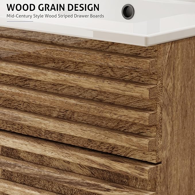 eclife 48" Floating Bathroom Vanity with Sink Combo Mid-Century Wall Mounted Cabinet with Wood Stripes Decor, Drawers, Undermount Sink, Faucet, Drain, Light Walnut