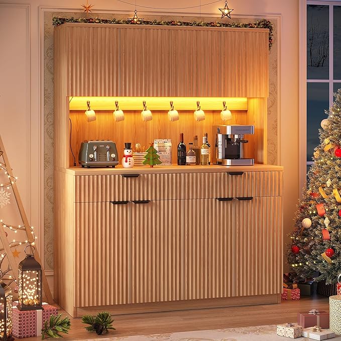 Fluted Kitchen Pantry Storage Cabinet with Charging Station/LED Light/Doors/Shelves, 71'' Tall Kitchen Food Hutch with Microwave Stand for Dining Room Living Room (Natural, 47 * 15.7 * 71)